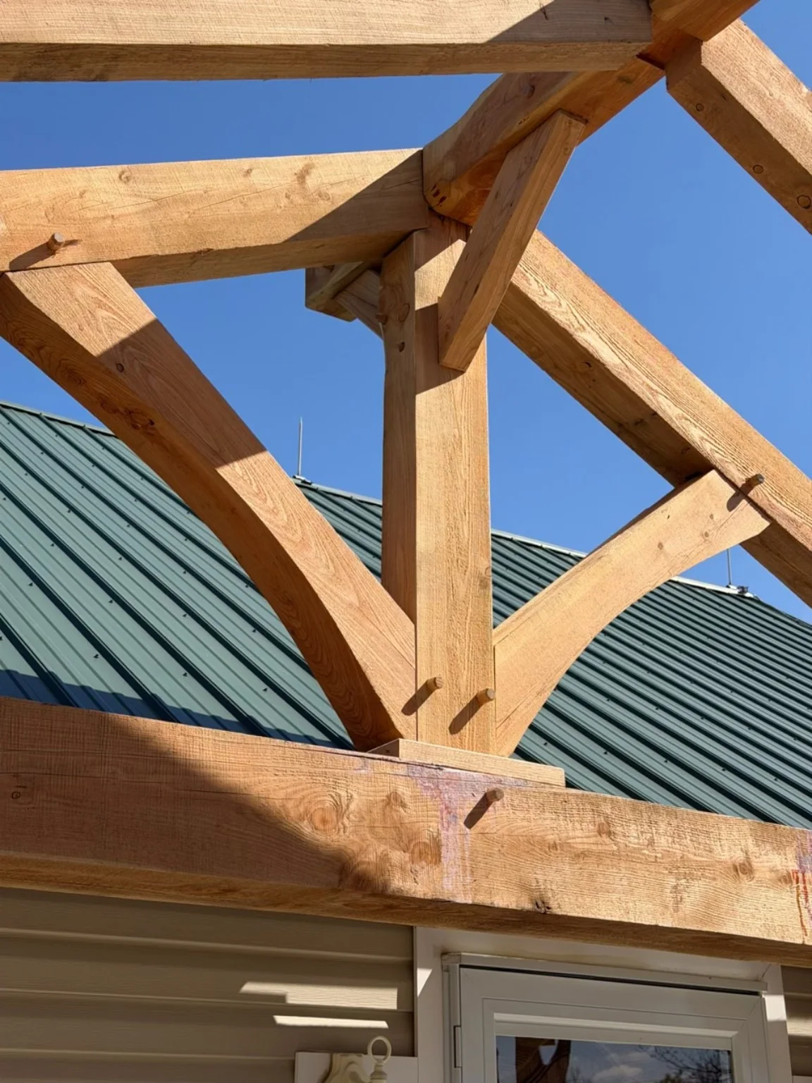 Close detail of pegged mortise-and-tenon timber-frame joinery