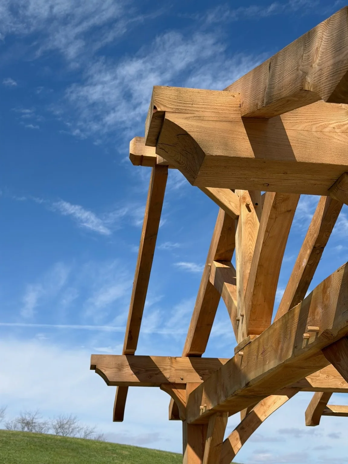 Open timber rafters and traditional joinery against the sky.