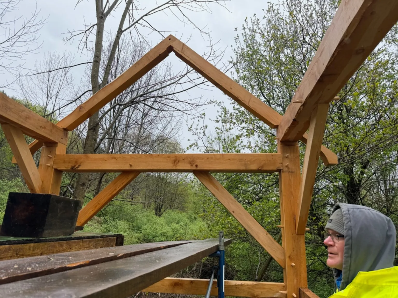 Timber gable frame on the small cabin project.